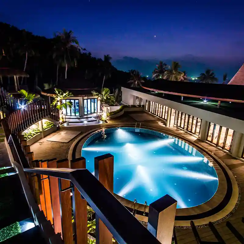 Night Pool View for Diving Accommodation in Koh Tao Night view of resort pool and hillside accommodation in Koh Tao