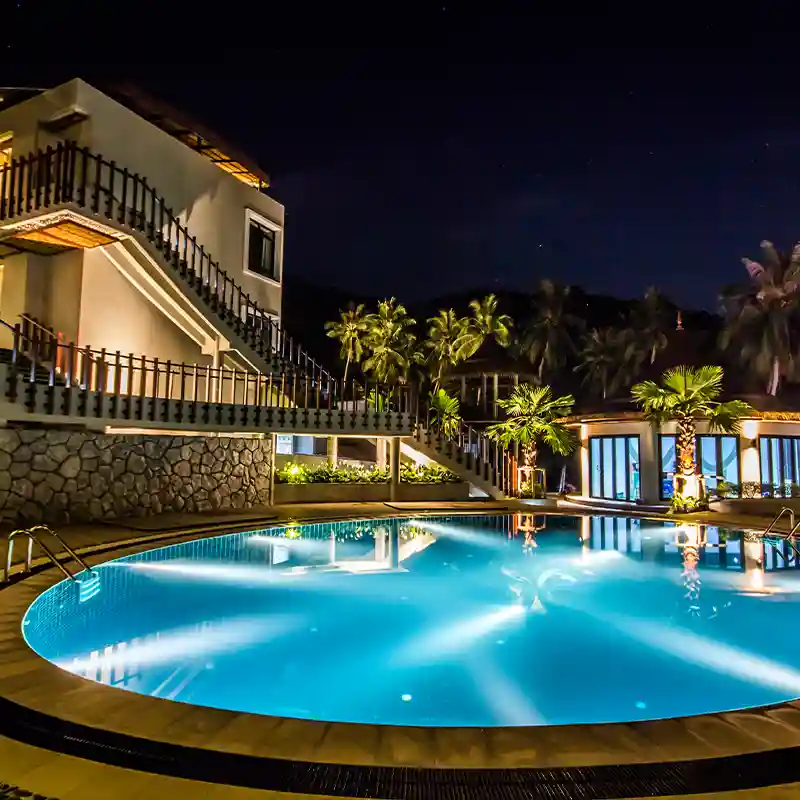 Oval Pool at Night for Diving Accommodation in Koh Tao Oval swimming pool at night for diving accommodation in Koh Tao