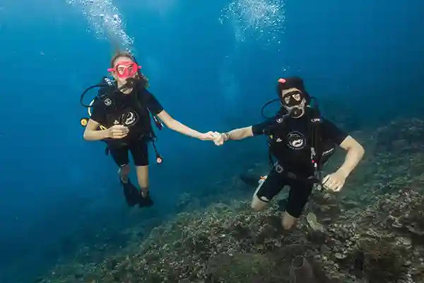 Guided Discover Scuba Diving Experience in Koh Tao Two divers underwater during a guided PADI Discover Scuba Diving experience in Koh Tao