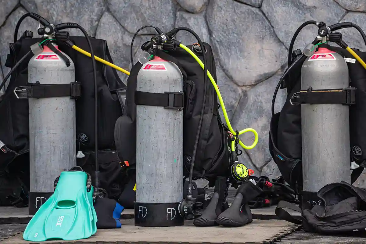 Scuba Equipment for PADI Discover Scuba Diving in Koh Tao Scuba equipment prepared for a PADI Discover Scuba Diving session in Koh Tao