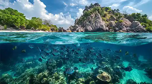 Koh Tao reef and island view Split-level view of clear water, reef and island scenery in Koh Tao