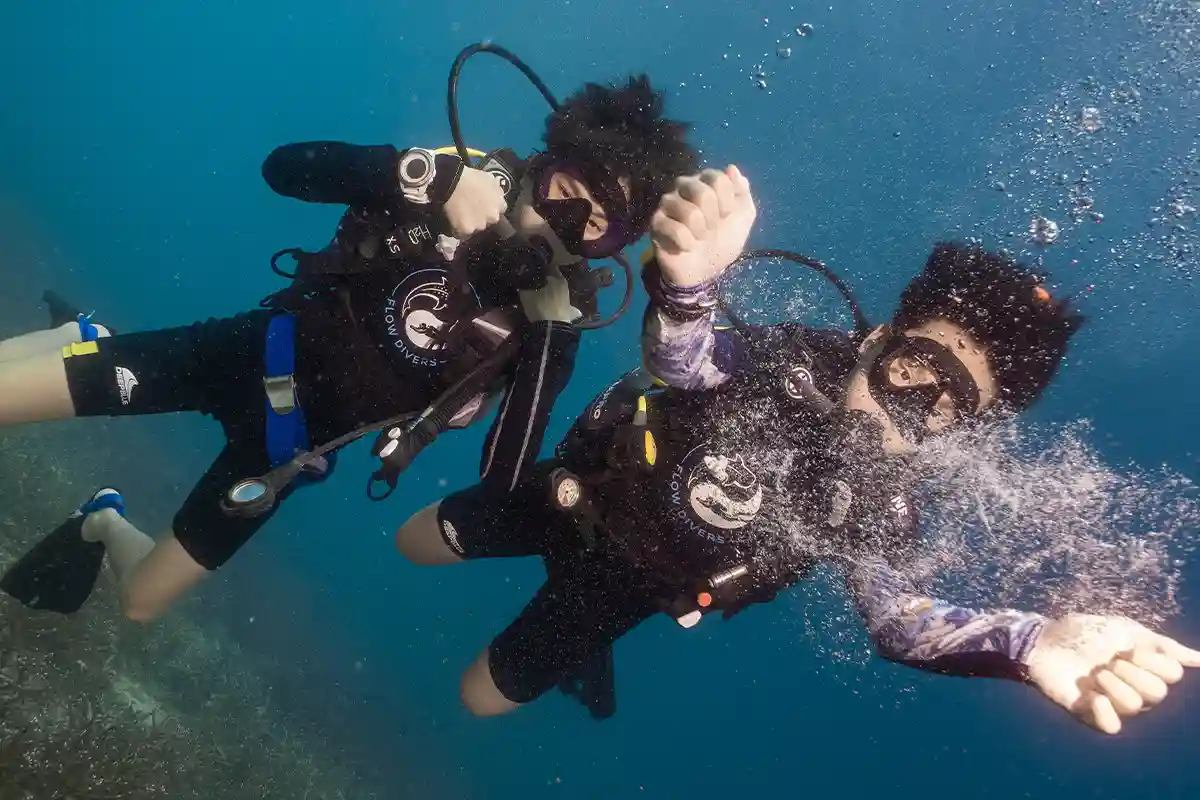 Scuba Diving with Nitrox in Koh Tao Two Flow Divers scuba divers enjoying an underwater dive in Koh Tao