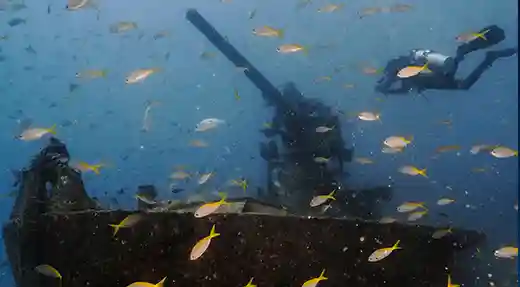 PADI Wreck Diver Course in Koh Tao Divers exploring an underwater wreck surrounded by fish in Koh Tao