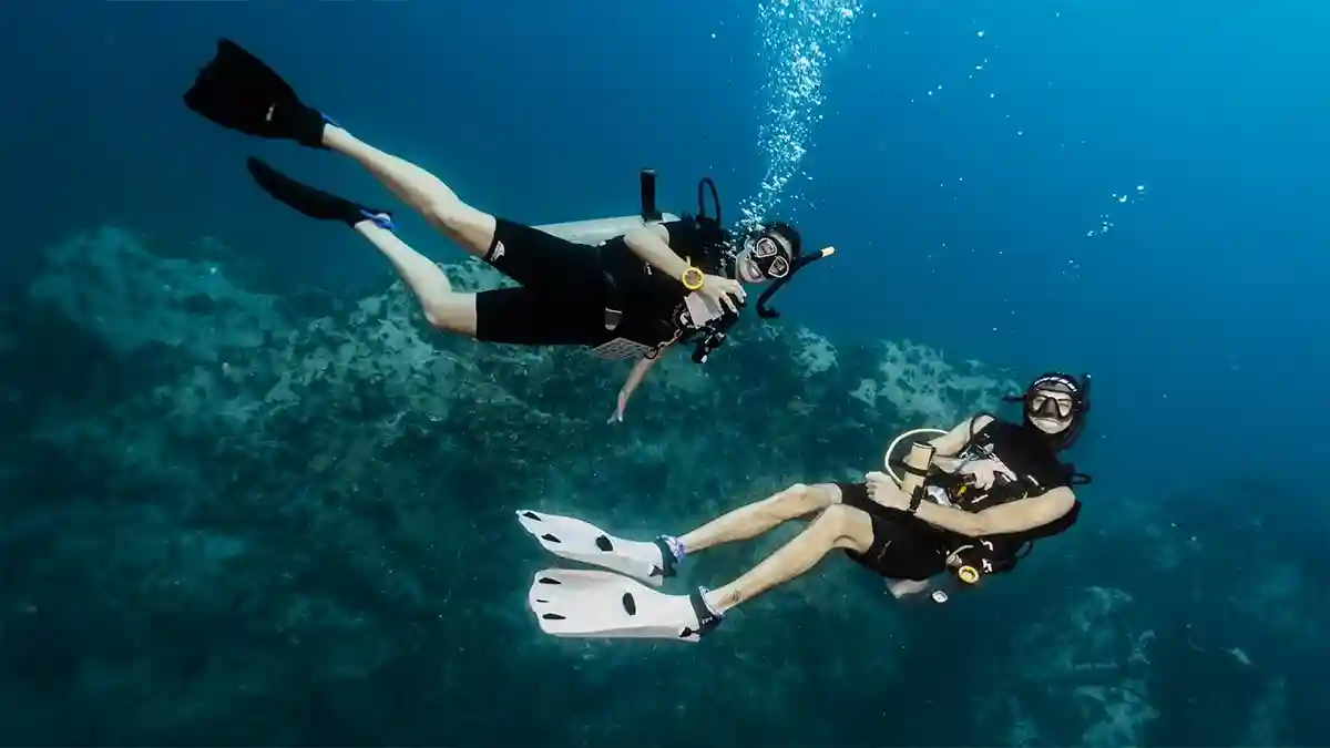 Relaxed scuba diving in Koh Tao Two divers swimming calmly underwater in Koh Tao