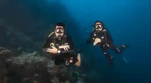 Wreck Diving Buddy Team in Koh Tao Two scuba divers swimming together above a reef in Koh Tao