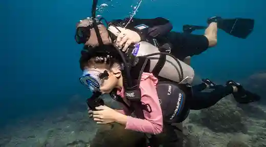 PADI Bubblemaker Ocean Diving in Koh Tao Young diver with a PADI Professional during a shallow ocean dive in Koh Tao.